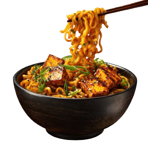 Chef wok-frying noodles over a hot flame